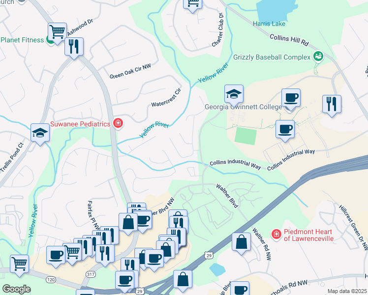 map of restaurants, bars, coffee shops, grocery stores, and more near 424 Yellow River Walk in Lawrenceville