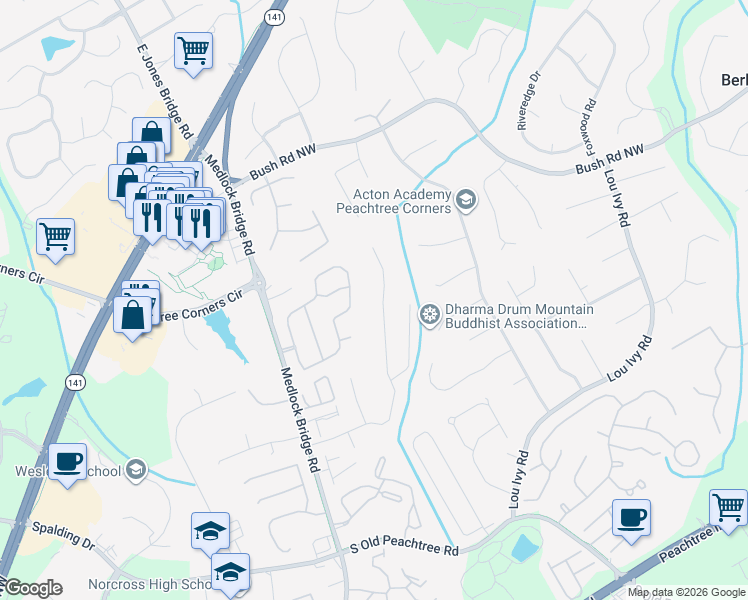 map of restaurants, bars, coffee shops, grocery stores, and more near 4801 Bankside Way in Norcross