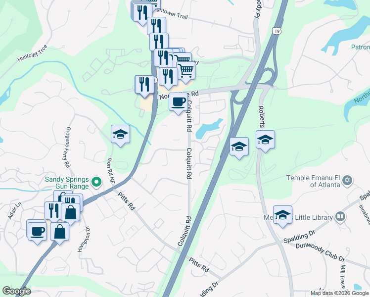 map of restaurants, bars, coffee shops, grocery stores, and more near 582 Northridge Crossing Drive in Atlanta