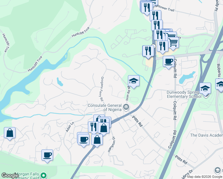 map of restaurants, bars, coffee shops, grocery stores, and more near 1706 Woodcliff Drive in Atlanta