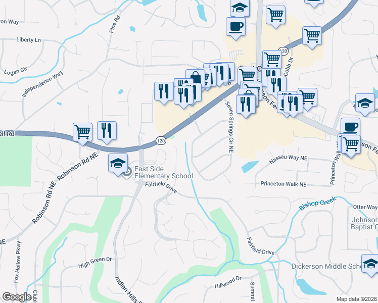 map of restaurants, bars, coffee shops, grocery stores, and more near 1170 Fielding Way in Marietta