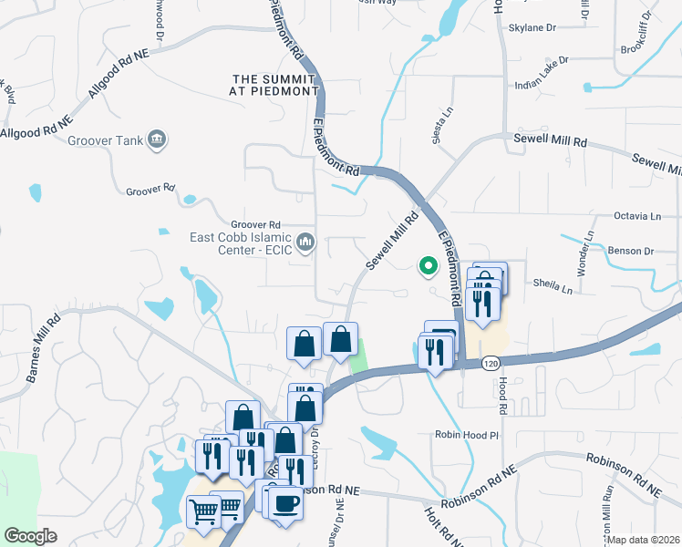 map of restaurants, bars, coffee shops, grocery stores, and more near 2279 Valla Parc Court in Marietta