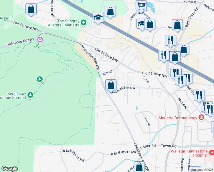 map of restaurants, bars, coffee shops, grocery stores, and more near 840 Kennesaw Avenue Northwest in Marietta