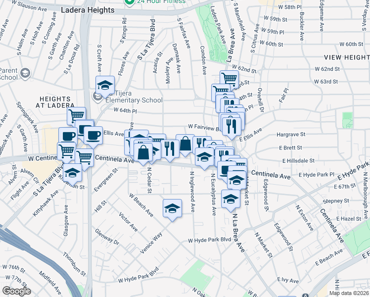map of restaurants, bars, coffee shops, grocery stores, and more near 303 West Hillsdale Street in Inglewood