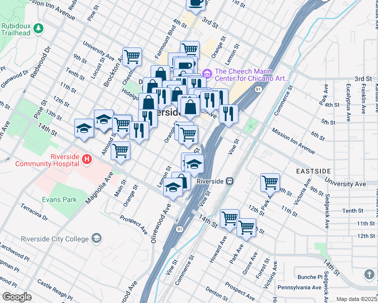 map of restaurants, bars, coffee shops, grocery stores, and more near 4080 Lemon Street in Riverside