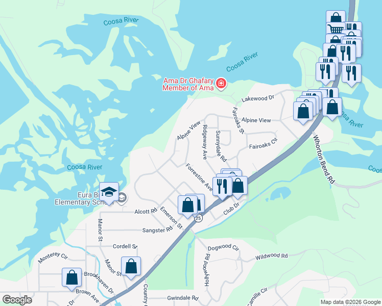 map of restaurants, bars, coffee shops, grocery stores, and more near 215 Forrestine Avenue in Gadsden