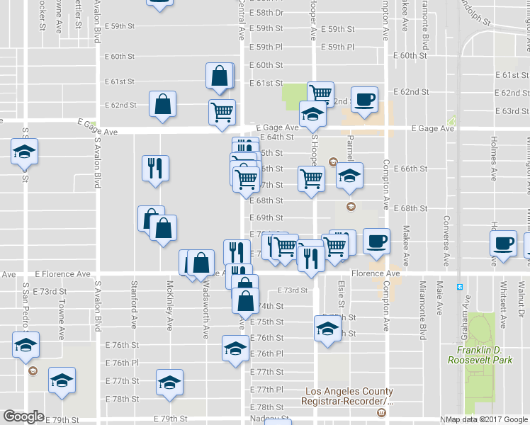 map of restaurants, bars, coffee shops, grocery stores, and more near 1139 East 69th Street in Los Angeles