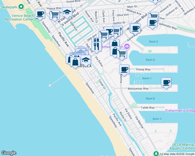 map of restaurants, bars, coffee shops, grocery stores, and more near 126 Driftwood Street in Marina del Rey
