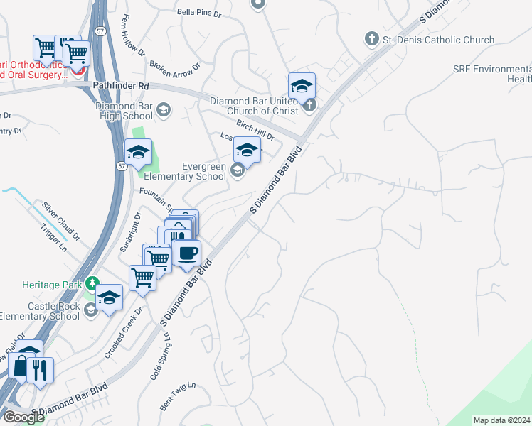 map of restaurants, bars, coffee shops, grocery stores, and more near 2621 Steeplechase Lane in Diamond Bar