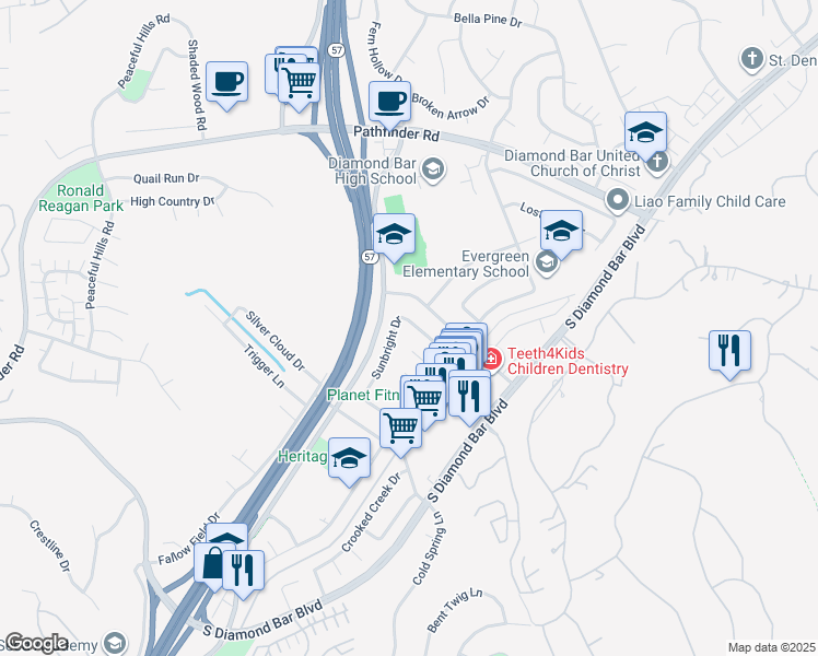 map of restaurants, bars, coffee shops, grocery stores, and more near 21320 Hidden Pines Drive in Diamond Bar