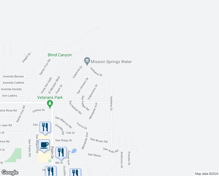 map of restaurants, bars, coffee shops, grocery stores, and more near 9755 Verbena Drive in Desert Hot Springs