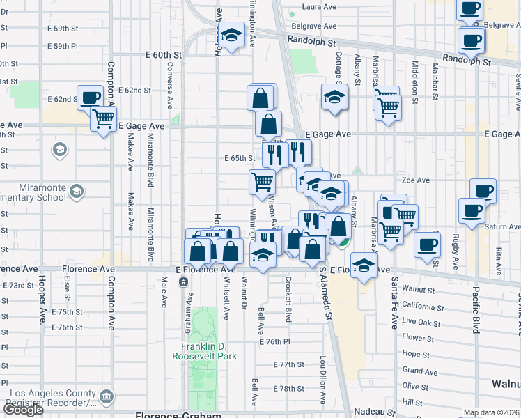 map of restaurants, bars, coffee shops, grocery stores, and more near 1863 East 68th Street in Los Angeles