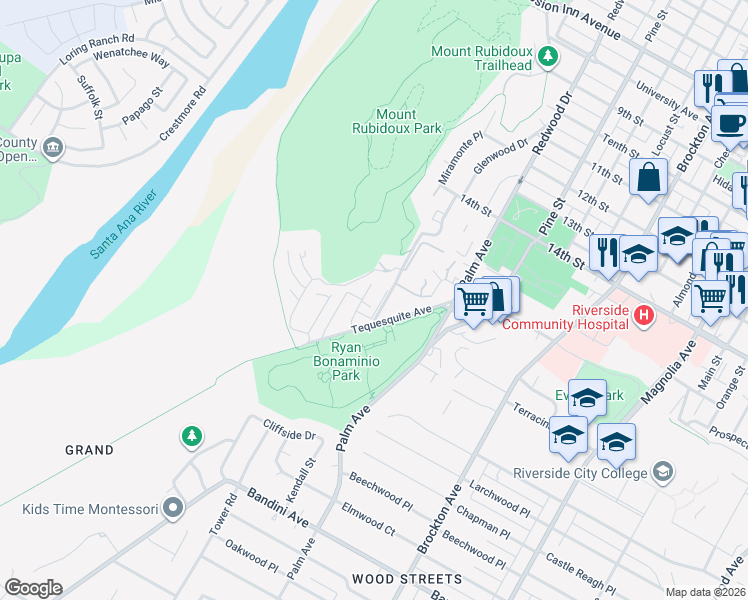 map of restaurants, bars, coffee shops, grocery stores, and more near 4694 Maxwell Court in Riverside