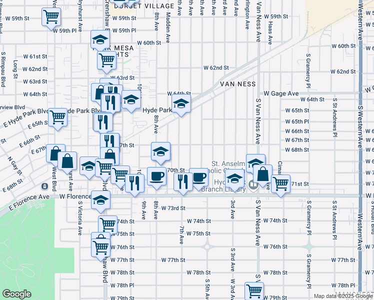 map of restaurants, bars, coffee shops, grocery stores, and more near 6702 7th Avenue in Los Angeles