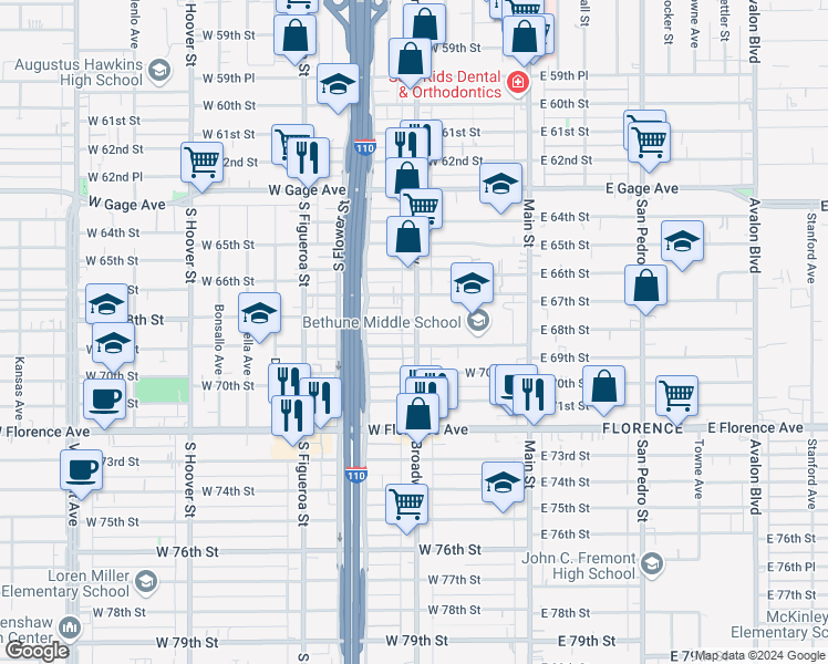map of restaurants, bars, coffee shops, grocery stores, and more near 6809 1/4 South Broadway in Los Angeles