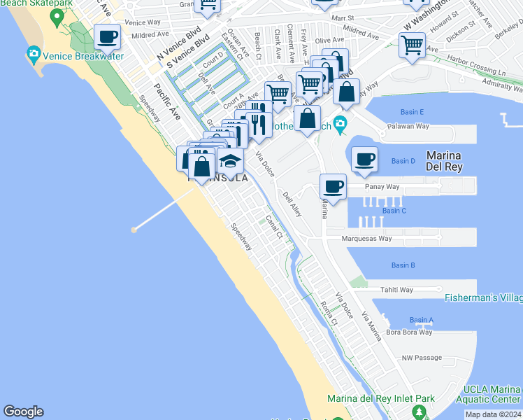 map of restaurants, bars, coffee shops, grocery stores, and more near 126 Driftwood Street in Marina del Rey