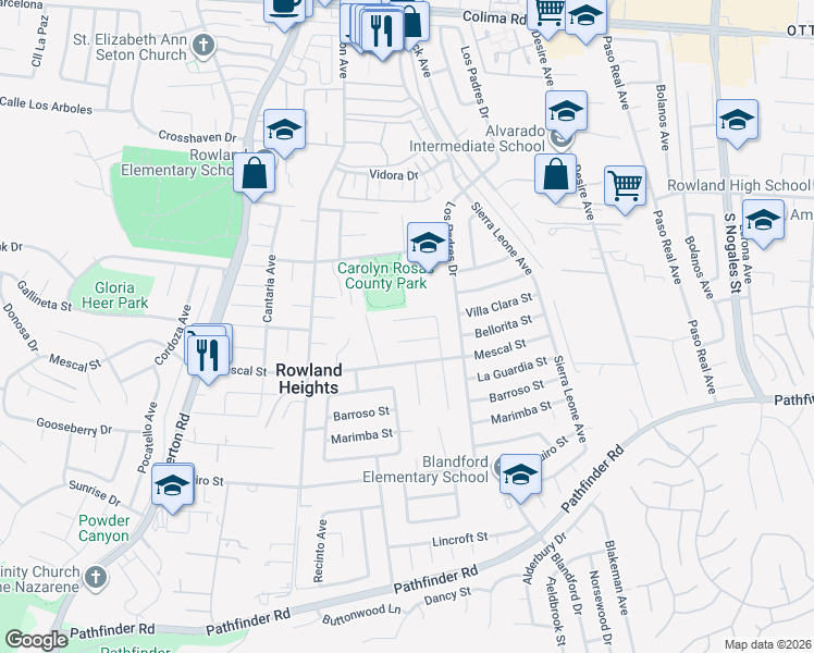 map of restaurants, bars, coffee shops, grocery stores, and more near 18522 Villa Clara Street in Rowland Heights