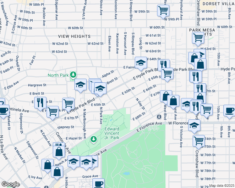 map of restaurants, bars, coffee shops, grocery stores, and more near 925 East 65th Street in Inglewood