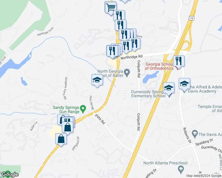map of restaurants, bars, coffee shops, grocery stores, and more near Roswell Road in Atlanta