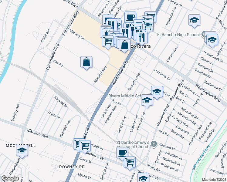map of restaurants, bars, coffee shops, grocery stores, and more near 9015 Burma Road in Pico Rivera