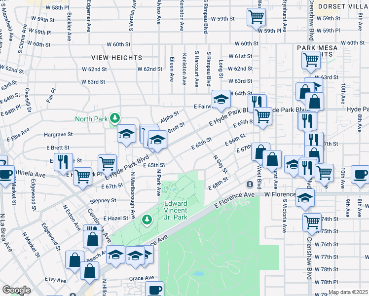 map of restaurants, bars, coffee shops, grocery stores, and more near 925 East 65th Street in Inglewood