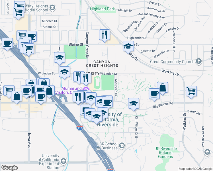 map of restaurants, bars, coffee shops, grocery stores, and more near 900 University Avenue in Riverside