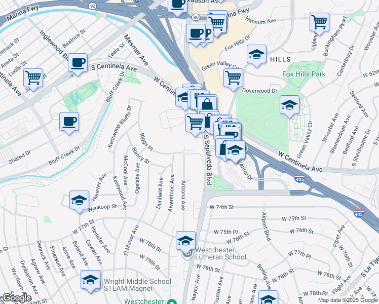 map of restaurants, bars, coffee shops, grocery stores, and more near 6882 Arizona Avenue in Los Angeles