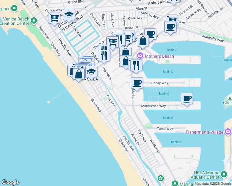 map of restaurants, bars, coffee shops, grocery stores, and more near 4233 Vía Marina in Marina del Rey