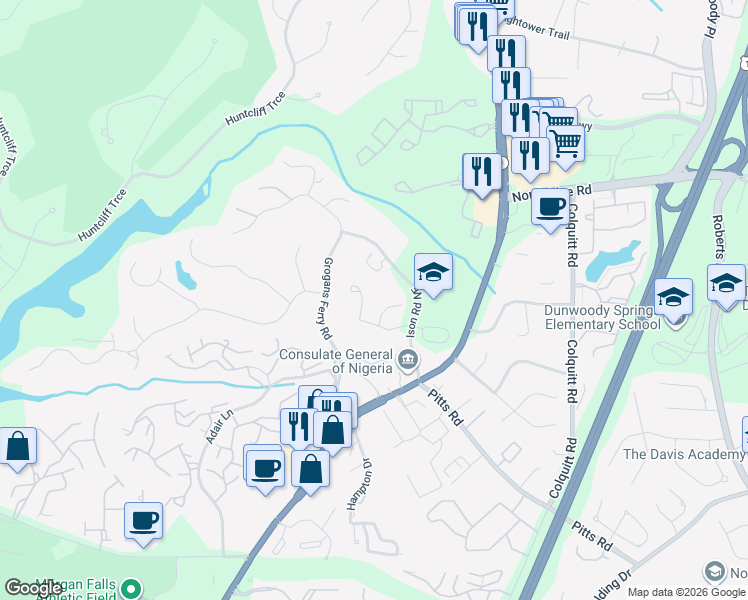 map of restaurants, bars, coffee shops, grocery stores, and more near 1105 Woodcliff Drive in Atlanta