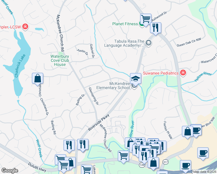 map of restaurants, bars, coffee shops, grocery stores, and more near 1359 Field Creek Terrace in Lawrenceville