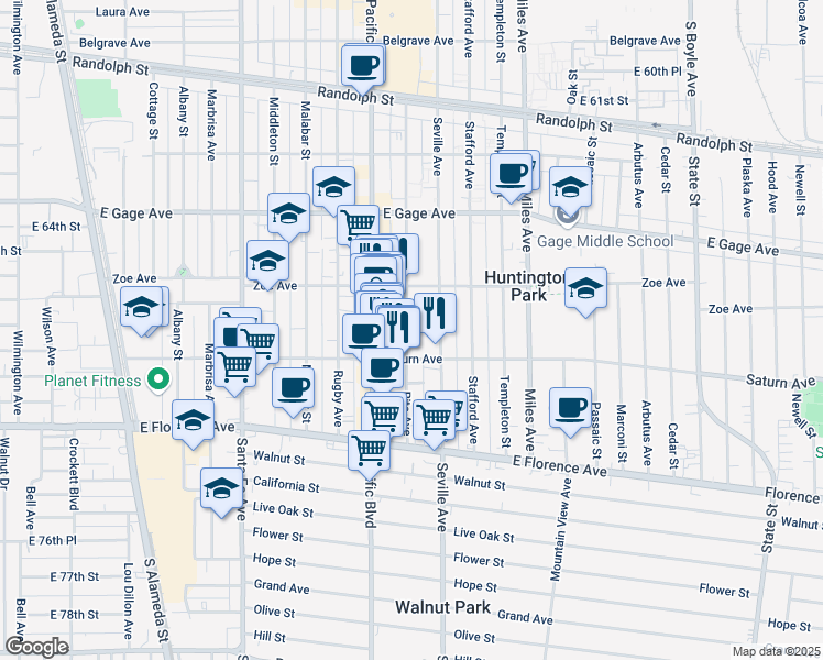 map of restaurants, bars, coffee shops, grocery stores, and more near 6730 Rita Avenue in Huntington Park