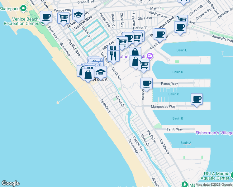 map of restaurants, bars, coffee shops, grocery stores, and more near 3501 Esplanade in Marina del Rey