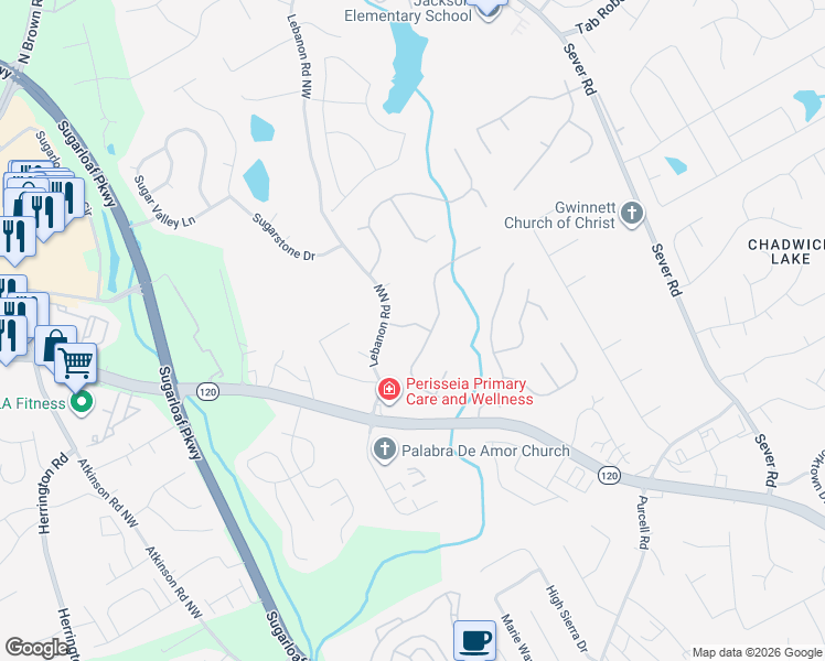 map of restaurants, bars, coffee shops, grocery stores, and more near 1524 Enclave Drive Northwest in Lawrenceville
