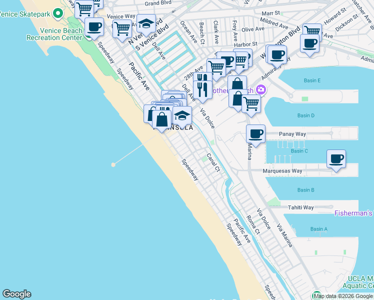 map of restaurants, bars, coffee shops, grocery stores, and more near 3401 Pacific Avenue in Marina del Rey