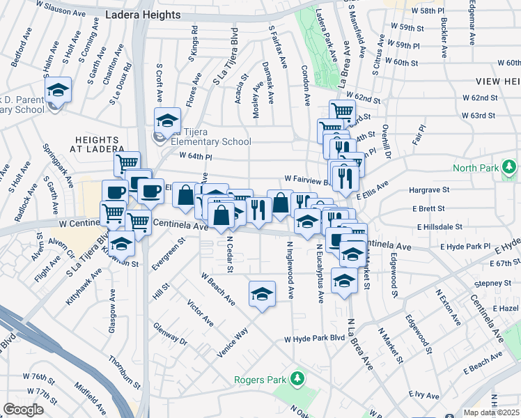 map of restaurants, bars, coffee shops, grocery stores, and more near 337 West Hillsdale Street in Inglewood