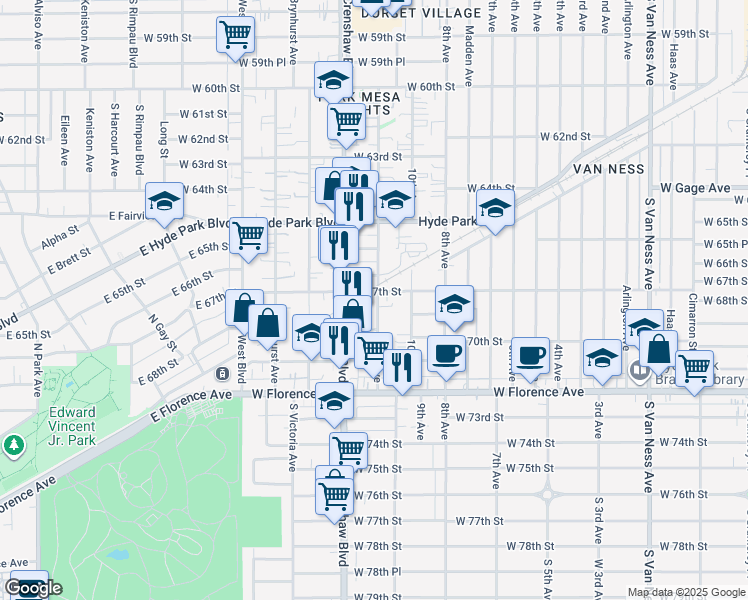 map of restaurants, bars, coffee shops, grocery stores, and more near 3220 West 67th Street in Los Angeles