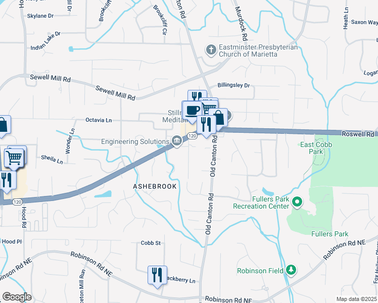 map of restaurants, bars, coffee shops, grocery stores, and more near 1120 Taliwa Trail in Marietta