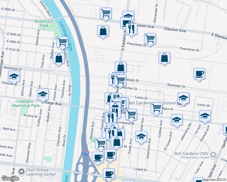 map of restaurants, bars, coffee shops, grocery stores, and more near 6219 Eastern Avenue in Bell Gardens