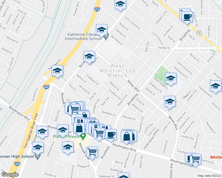 map of restaurants, bars, coffee shops, grocery stores, and more near 11139 Coolhurst Drive in Whittier