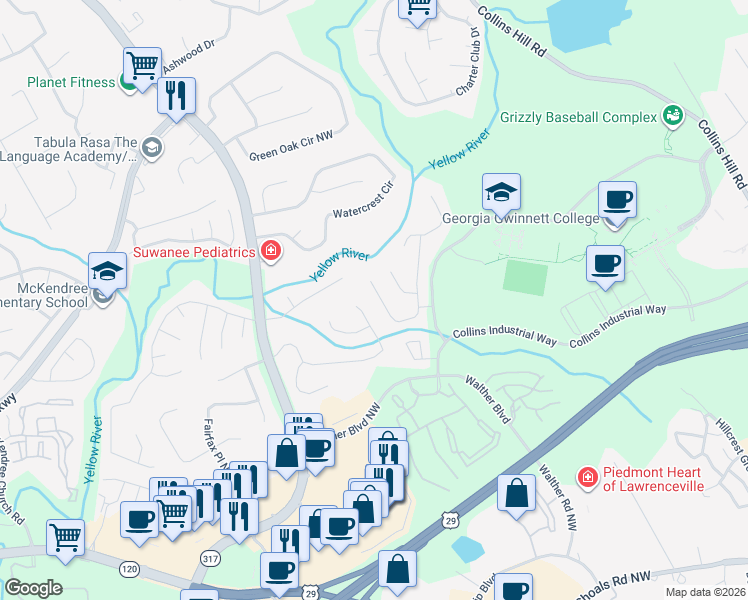 map of restaurants, bars, coffee shops, grocery stores, and more near 741 Sugar Oak Lane in Lawrenceville