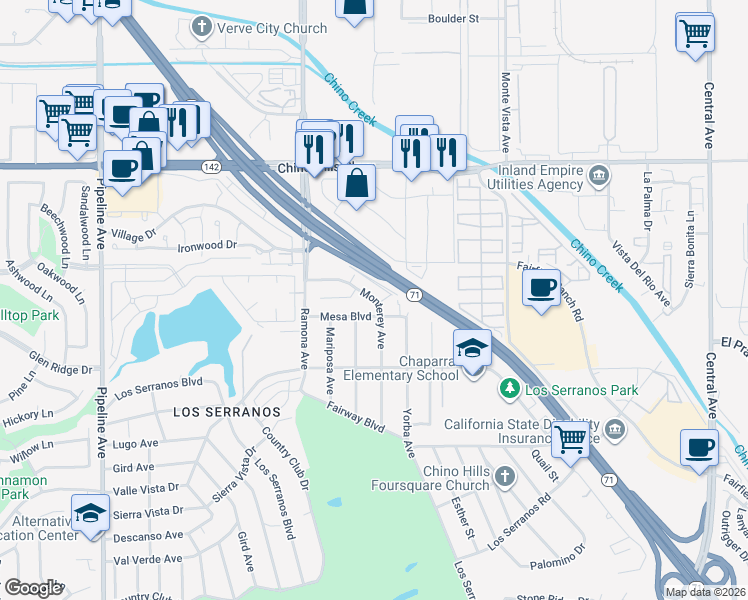 map of restaurants, bars, coffee shops, grocery stores, and more near in Chino Hills