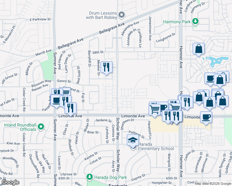 map of restaurants, bars, coffee shops, grocery stores, and more near 6064 Snapdragon Street in Corona