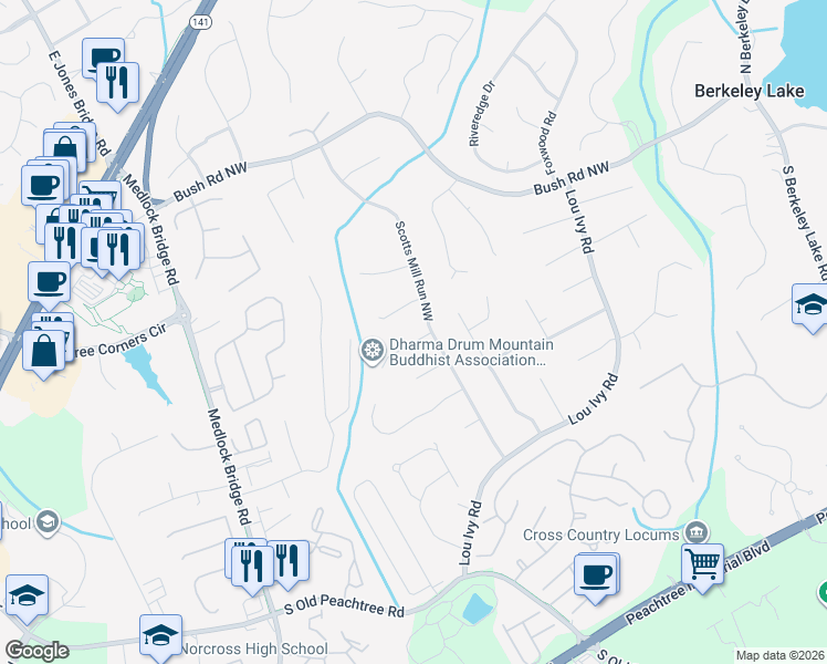 map of restaurants, bars, coffee shops, grocery stores, and more near 4917 Dillards Mill Way in Duluth