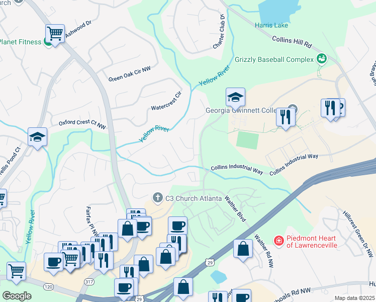 map of restaurants, bars, coffee shops, grocery stores, and more near 414 Yellow River Walk in Lawrenceville
