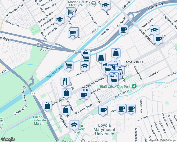 map of restaurants, bars, coffee shops, grocery stores, and more near 5400 Beethoven Street in Los Angeles