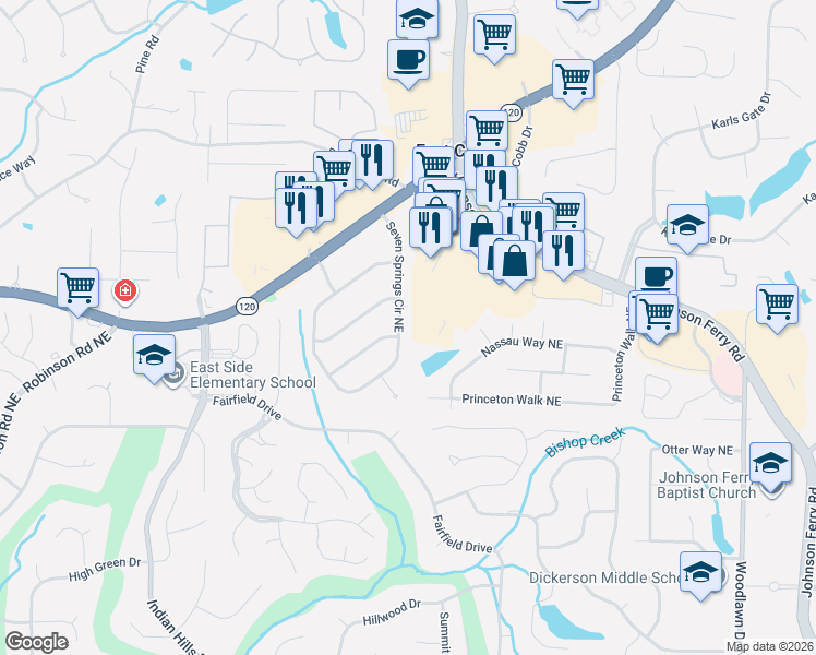map of restaurants, bars, coffee shops, grocery stores, and more near 1248 Seven Springs Circle Northeast in Marietta