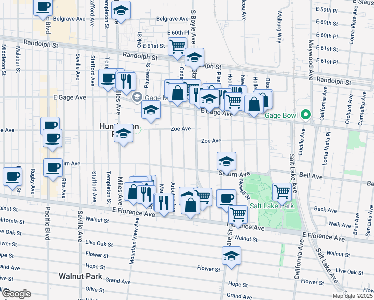 map of restaurants, bars, coffee shops, grocery stores, and more near 6716 Cedar Street in Huntington Park