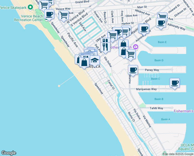 map of restaurants, bars, coffee shops, grocery stores, and more near 3400 Pacific Avenue in Marina del Rey