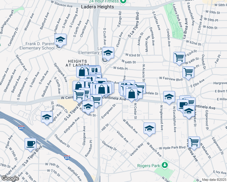 map of restaurants, bars, coffee shops, grocery stores, and more near 528 West Hillsdale Street in Inglewood