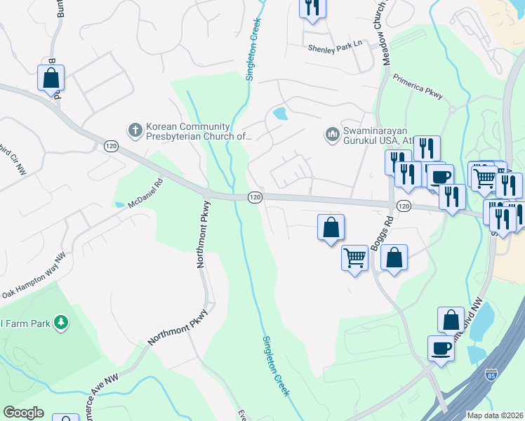 map of restaurants, bars, coffee shops, grocery stores, and more near 2228 Staunton Drive in Duluth